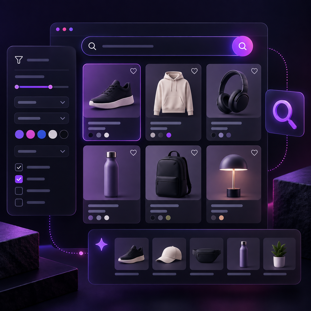 Illustrazione di Shopify Search & Discovery con ricerca prodotti, filtri e raccomandazioni per e-commerce