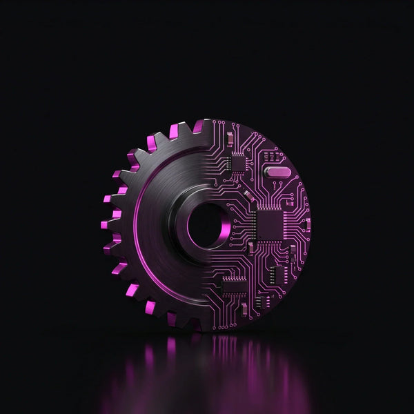 Rappresentazione stilizzata di un ingranaggio meccanico neon magenta che si trasforma in circuiti digitali su sfondo nero, metafora del passaggio dalla vendita manuale all'automazione eCommerce.