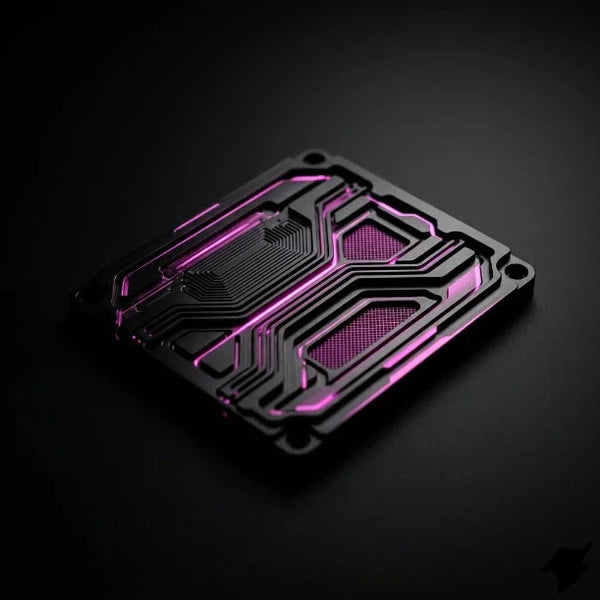 Un dettaglio ingegneristico astratto e minimalista con accenti magenta su sfondo nero che rappresenta l'ottimizzazione del codice Liquid in uno store Shopify standard.
