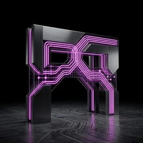 Varco tecnologico con flussi di dati digitali neon magenta per sdoganamento automatico.