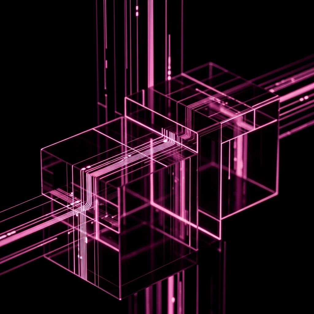 Rappresentazione astratta di dati strutturati e rich snippet per l'ottimizzazione SEO di uno store Shopify, con prismi ottici e fasci di luce magenta.