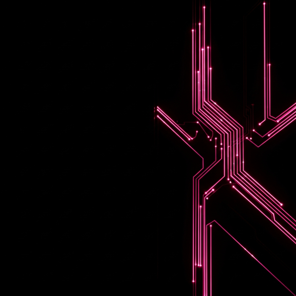 Rappresentazione astratta di tracciati ottici di luce rosa magenta su sfondo nero per conformità dati su Shopify.