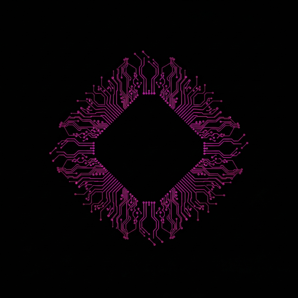 Rappresentazione astratta di un circuito stampato magenta, simbolo di complessità del catalogo prodotti Shopify gestita con Metafield e Liquid.