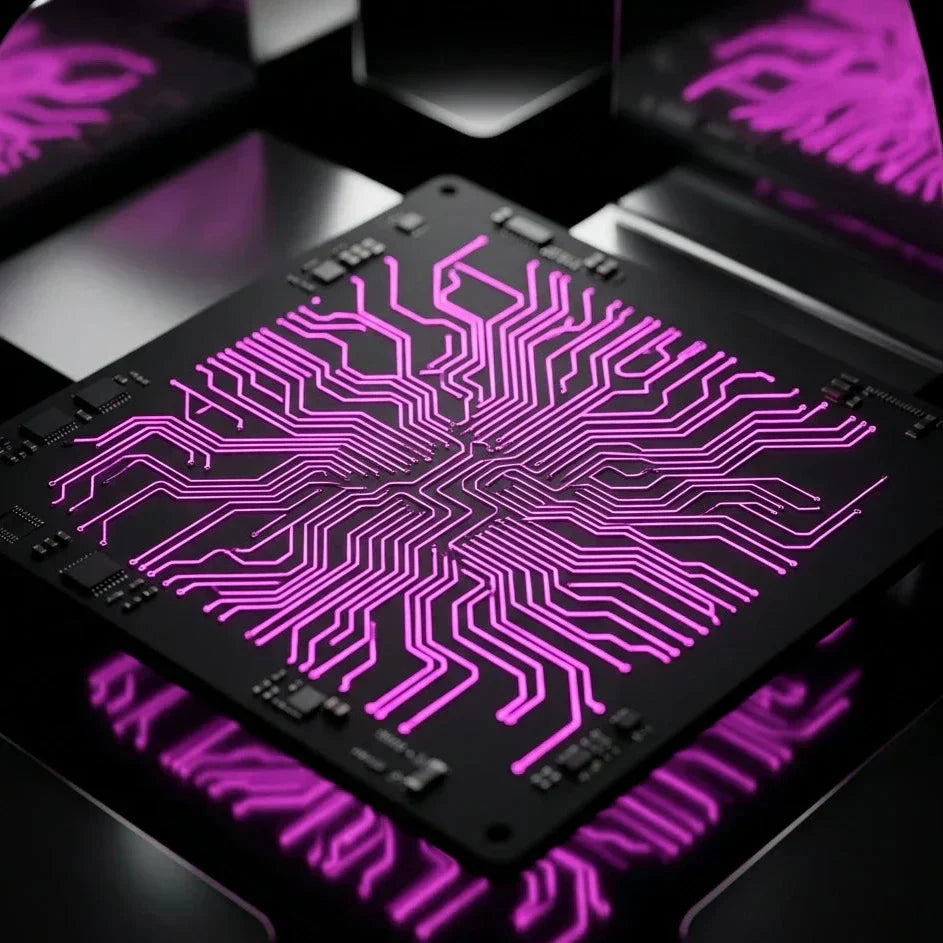 Circuito stampato nero opaco con piste elettroniche illuminate di rosa magenta neon, a simboleggiare l'ottimizzazione e il controllo dei costi per uno store Shopify in Italia.