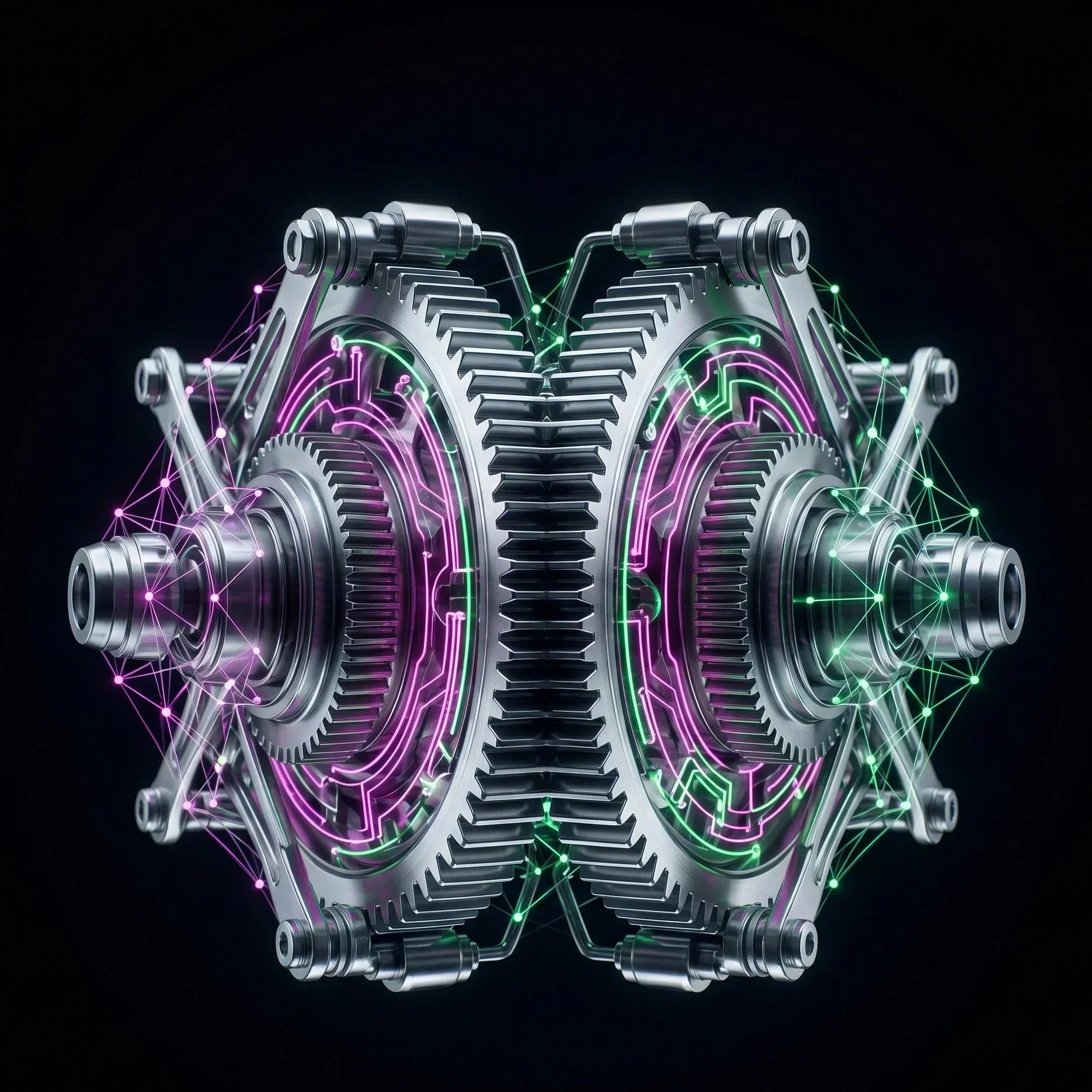 Unione di ingranaggi meccanici e circuiti digitali neon magenta e verde su sfondo nero, simbolo dell'ingegneria Shopify di IFG eCommerce.
