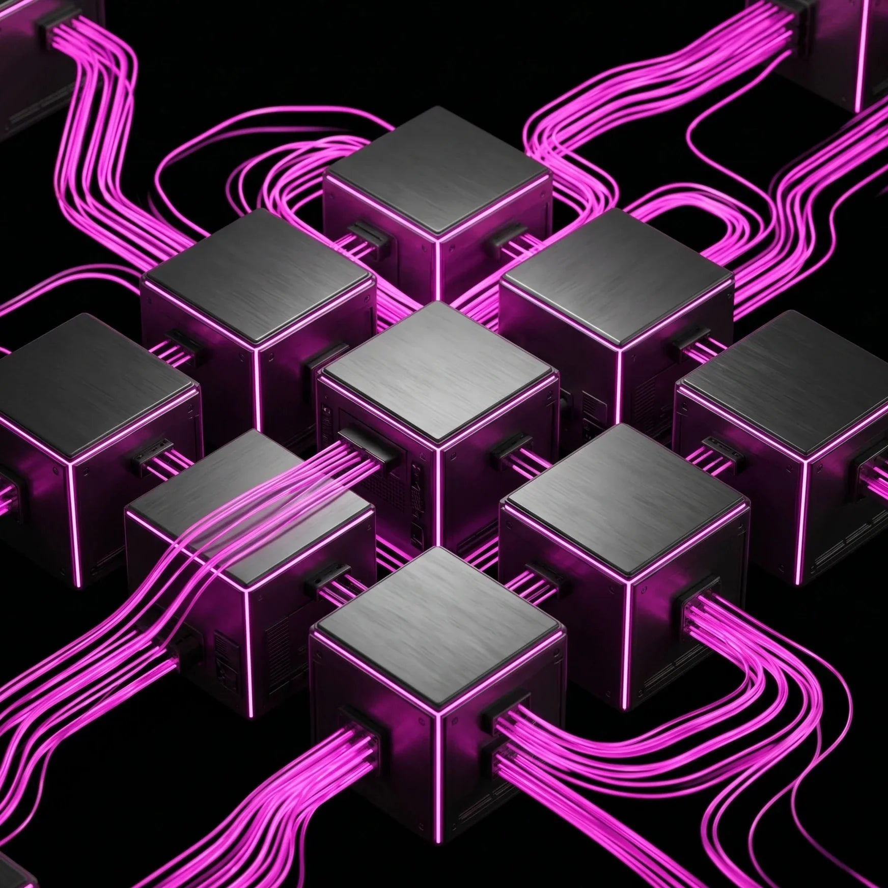 Macro shot ingegneristico astratto di una rete logistica digitale 3D con nodi di scatole e linee di flusso di dati magenta su sfondo nero, che rappresenta l'ottimizzazione della spedizione su Shopify.