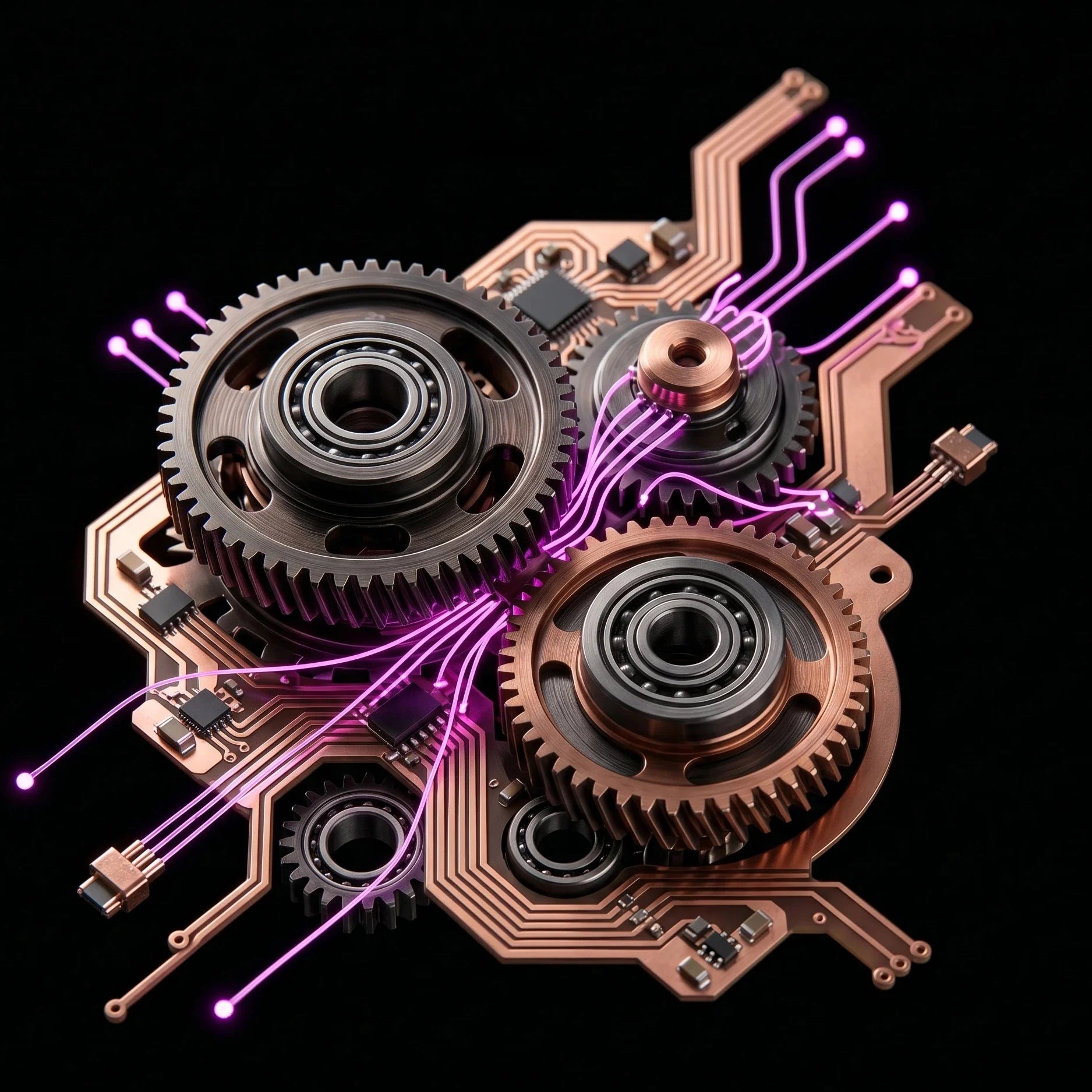 Rappresentazione astratta di ingegneria meccanica e circuiti digitali su sfondo nero con dettagli magenta, a simboleggiare l'ottimizzazione del codice per e-commerce.
