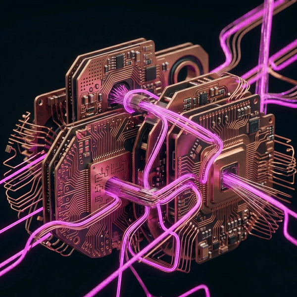 Macro di un circuito stampato nero con tracce rame e flussi di dati magenta brillanti che rappresenta l'ottimizzazione tecnica dei tracciamenti e della privacy su Shopify.