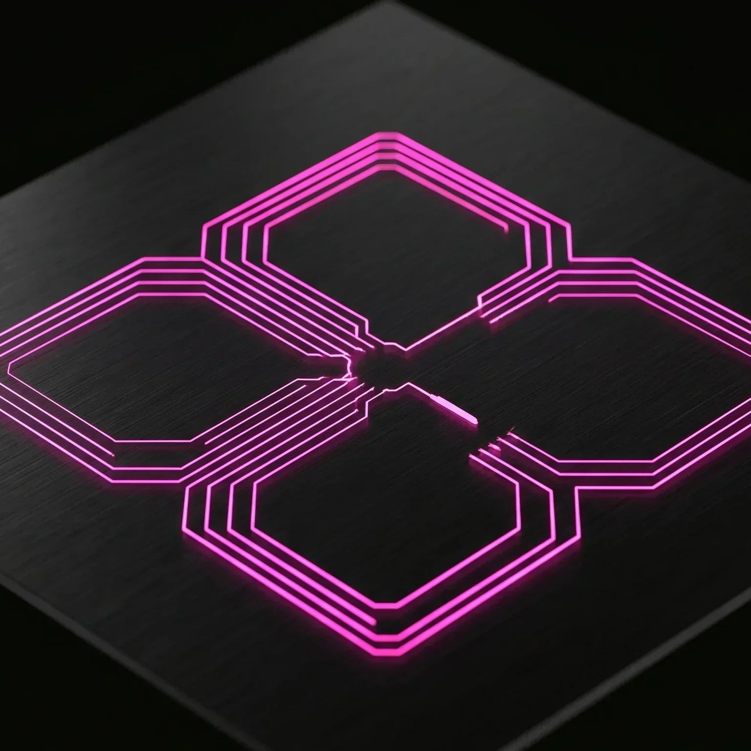 Rappresentazione astratta e ingegneristica di un circuito aperto di colore rosa magenta su sfondo nero, che simboleggia la conformità legale al recesso digitale UE 2026.