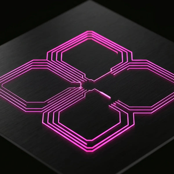 Rappresentazione astratta e ingegneristica di un circuito aperto di colore rosa magenta su sfondo nero, che simboleggia la conformità legale al recesso digitale UE 2026.
