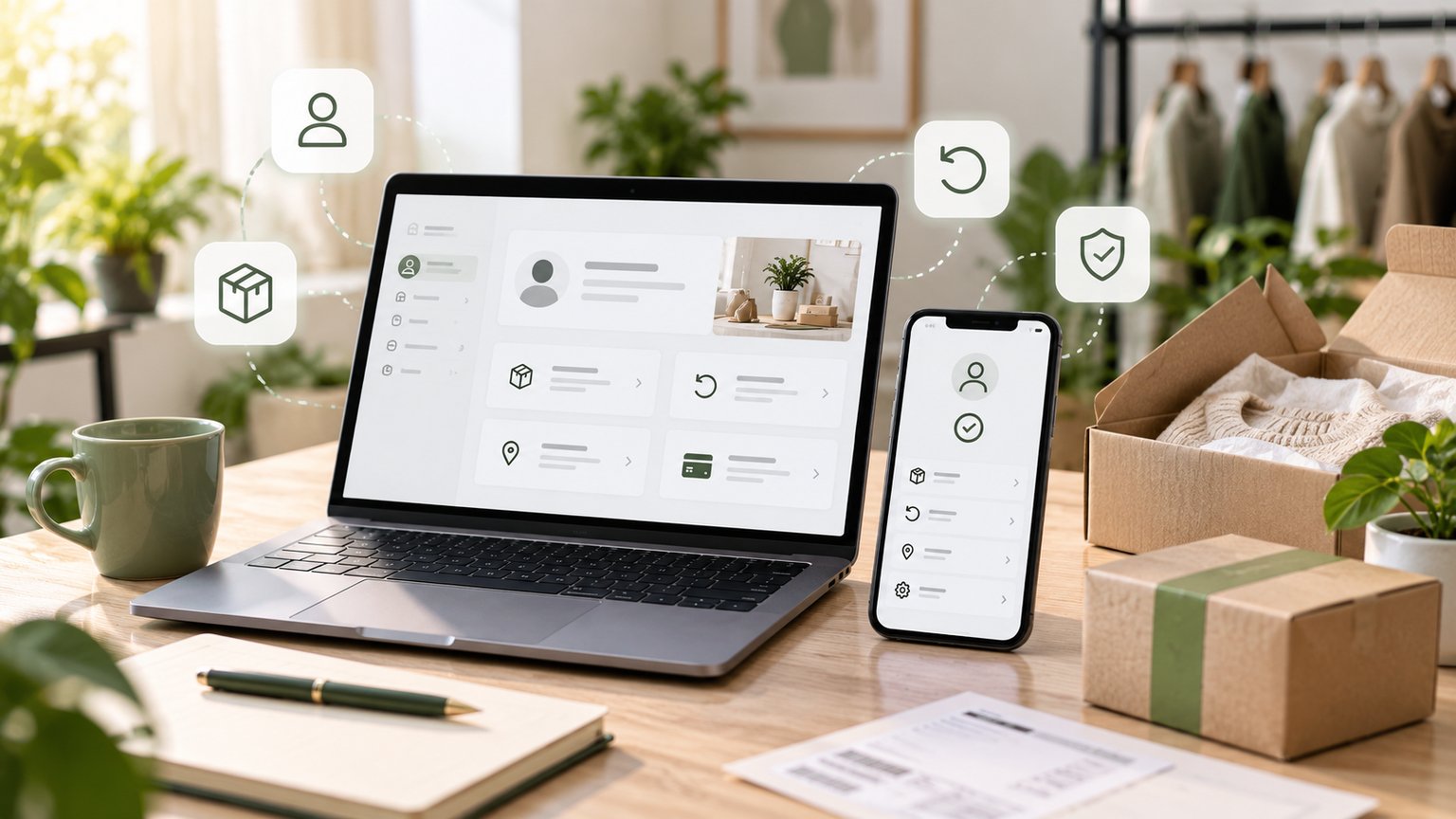 Postazione e-commerce con laptop e smartphone che mostrano un account cliente, ordini, resi e profilo