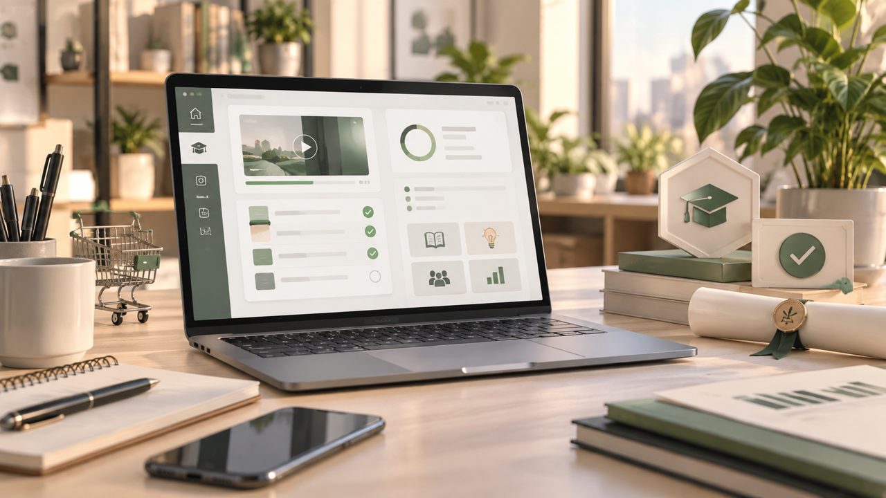 Postazione di formazione eCommerce con laptop, moduli di apprendimento e simboli di competenze verificate