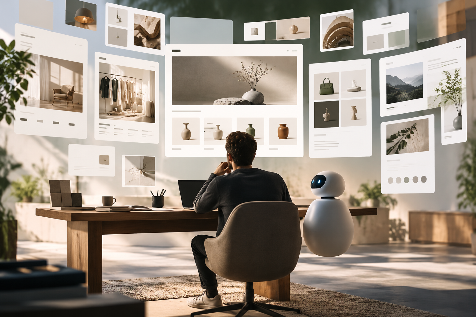 Workspace creativo per la progettazione di uno store Shopify con pagine visualizzate insieme e assistente AI