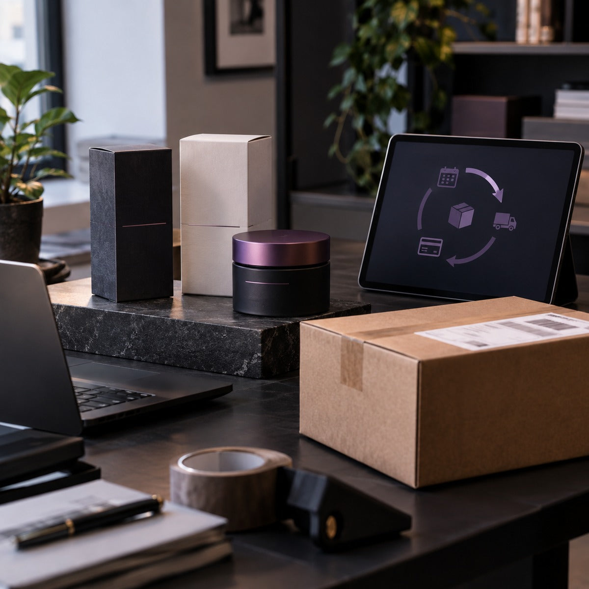 Postazione e-commerce con prodotti e un ciclo di consegna ricorrente visualizzato su tablet, simbolo degli abbonamenti Shopify