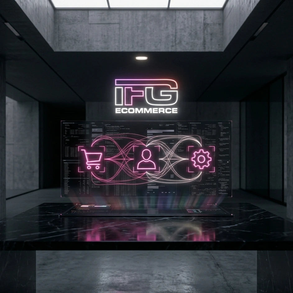 Pannello di controllo olografico scuro con icone neon rosa collegate da reti di luce, che rappresentano l'organizzazione dei dati clienti e degli ordini con logo IFG eCommerce.