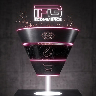 Struttura a imbuto stilizzata in materiali scuri e neon rosa, con flussi di luce che si concentrano verso il basso per rappresentare il percorso di conversione con logo IFG eCommerce.