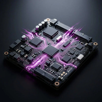 Dettaglio macro di un circuito integrato ad alta tecnologia con impulsi magenta, rappresentazione dell'architettura ingegneristica IFG per Shopify.