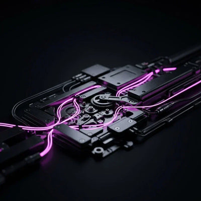 Rappresentazione visiva astratta dell'Ingegneria Web IFG eCommerce: componenti meccaniche di precisione e circuiti magenta su sfondo nero per store Shopify ad alte prestazioni.