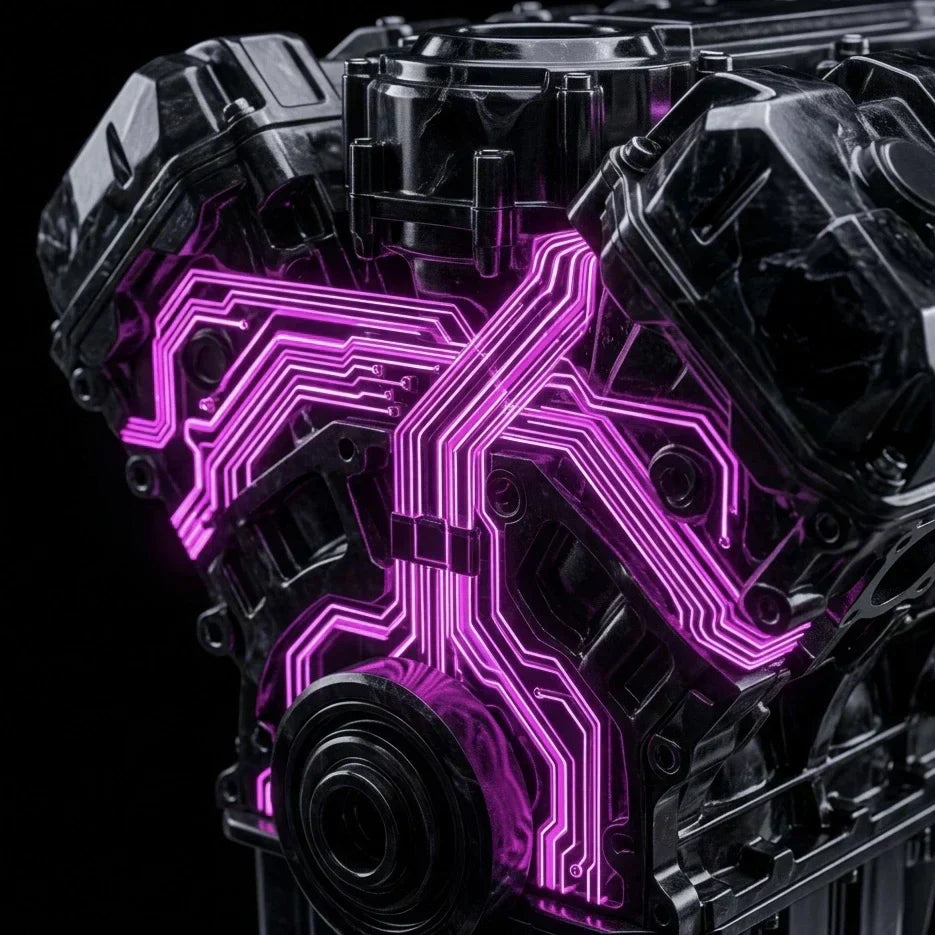 Architettura tecnica Shopify con circuiti magenta e sfondo nero che rappresenta l'efficienza del codice nativo.