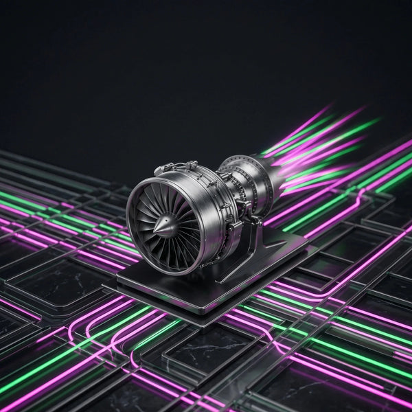 Motore tecnico in stile Industrial Minimalist Tech con circuiti neon magenta e verdi, simbolo dell'ingegneria dei Core Web Vitals su Shopify.