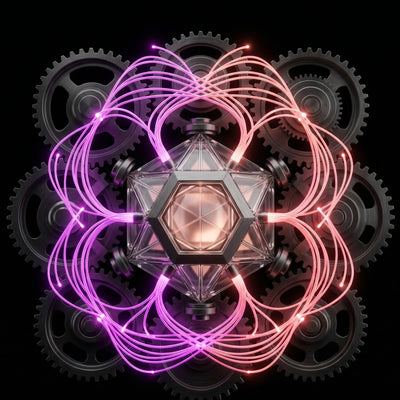 Flussi di dati e ingranaggi tecnologici neon magenta su sfondo nero per rappresentare l'efficienza ingegneristica.