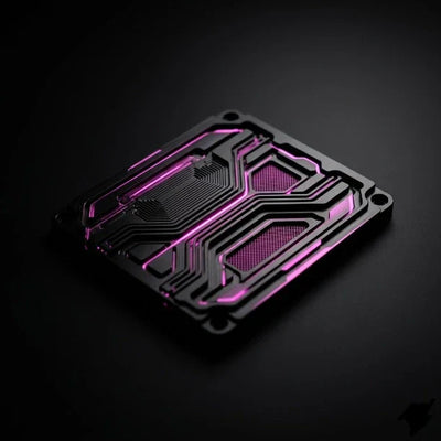 Un dettaglio ingegneristico astratto e minimalista con accenti magenta su sfondo nero che rappresenta l'ottimizzazione del codice Liquid in uno store Shopify standard.