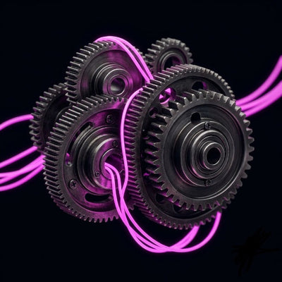 Rappresentazione astratta di ingranaggi meccanici e circuiti digitali con luci magenta su sfondo nero per e-commerce Shopify.
