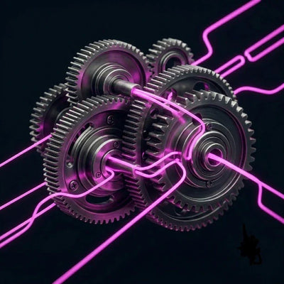 Rappresentazione astratta di ingranaggi meccanici e circuiti digitali con luci magenta su sfondo nero per e-commerce Shopify. 