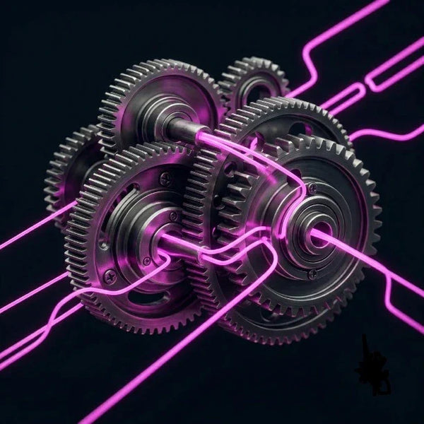 Rappresentazione astratta di ingranaggi meccanici e circuiti digitali con luci magenta su sfondo nero per e-commerce Shopify. 