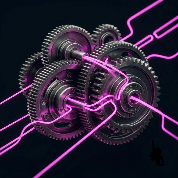 Rappresentazione astratta di ingranaggi meccanici e circuiti digitali con luci magenta su sfondo nero per e-commerce Shopify. 