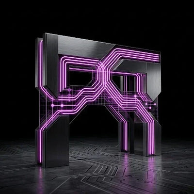 Varco tecnologico con flussi di dati digitali neon magenta per sdoganamento automatico.