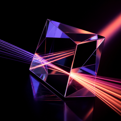 Rappresentazione astratta e minimalista di flussi di dati e prismi ottici che riflettono un gradiente viola, rosa e corallo su sfondo nero assoluto