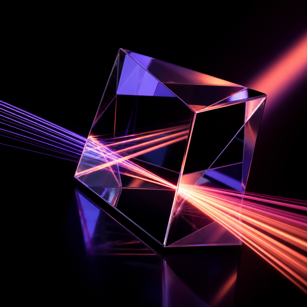 Rappresentazione astratta e minimalista di flussi di dati e prismi ottici che riflettono un gradiente viola, rosa e corallo su sfondo nero assoluto