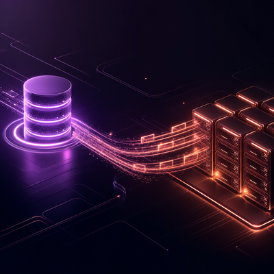Schema astratto di un flusso di dati che connette un database e-commerce a un sistema contabile centralizzato su sfondo nero