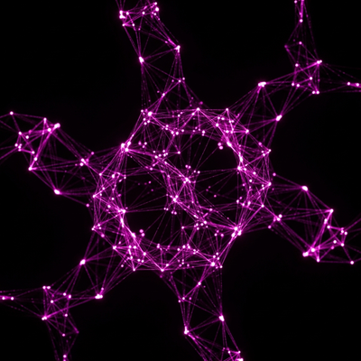 Rappresentazione astratta della gestione efficiente dei resi e rimborsi su Shopify per PMI, con connessioni dati magenta.