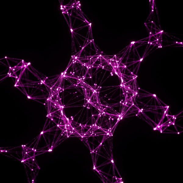 Rappresentazione astratta della gestione efficiente dei resi e rimborsi su Shopify per PMI, con connessioni dati magenta.
