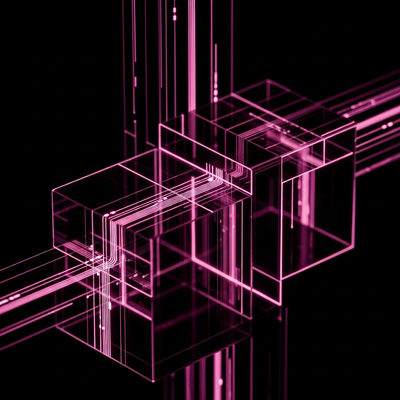 Rappresentazione astratta di dati strutturati e rich snippet per l'ottimizzazione SEO di uno store Shopify, con prismi ottici e fasci di luce magenta.