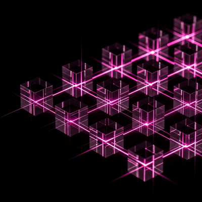 Rappresentazione geometrica astratta di prismi ottici con riflessi magenta a indicare la precisione dell'ingegneria del catalogo per e-commerce Shopify.