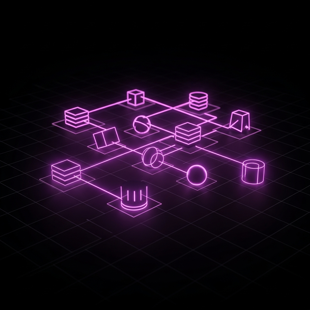 Rappresentazione astratta e minimalista di un database di dati tecnici e tabelle di confronto collegate su Shopify.