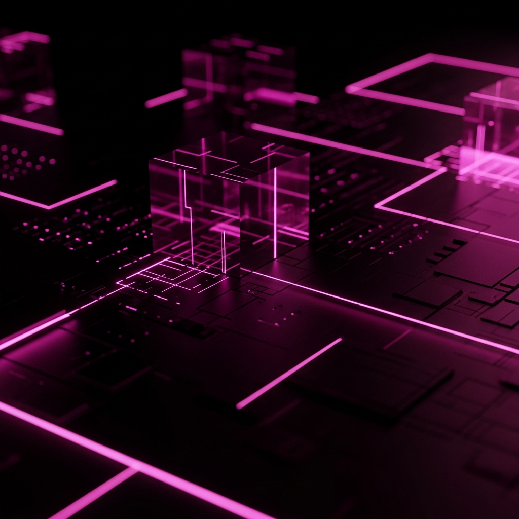 Rappresentazione geometrica astratta con prismi rosa magenta su sfondo nero che simboleggia la velocità di elaborazione e l'ottimizzazione del codice per e-commerce Shopify.