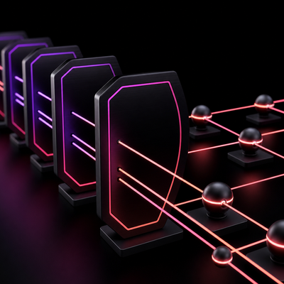 Schema astratto di nodi di connessione sicuri e barriere digitali su sfondo scuro con gradienti viola e rosa.