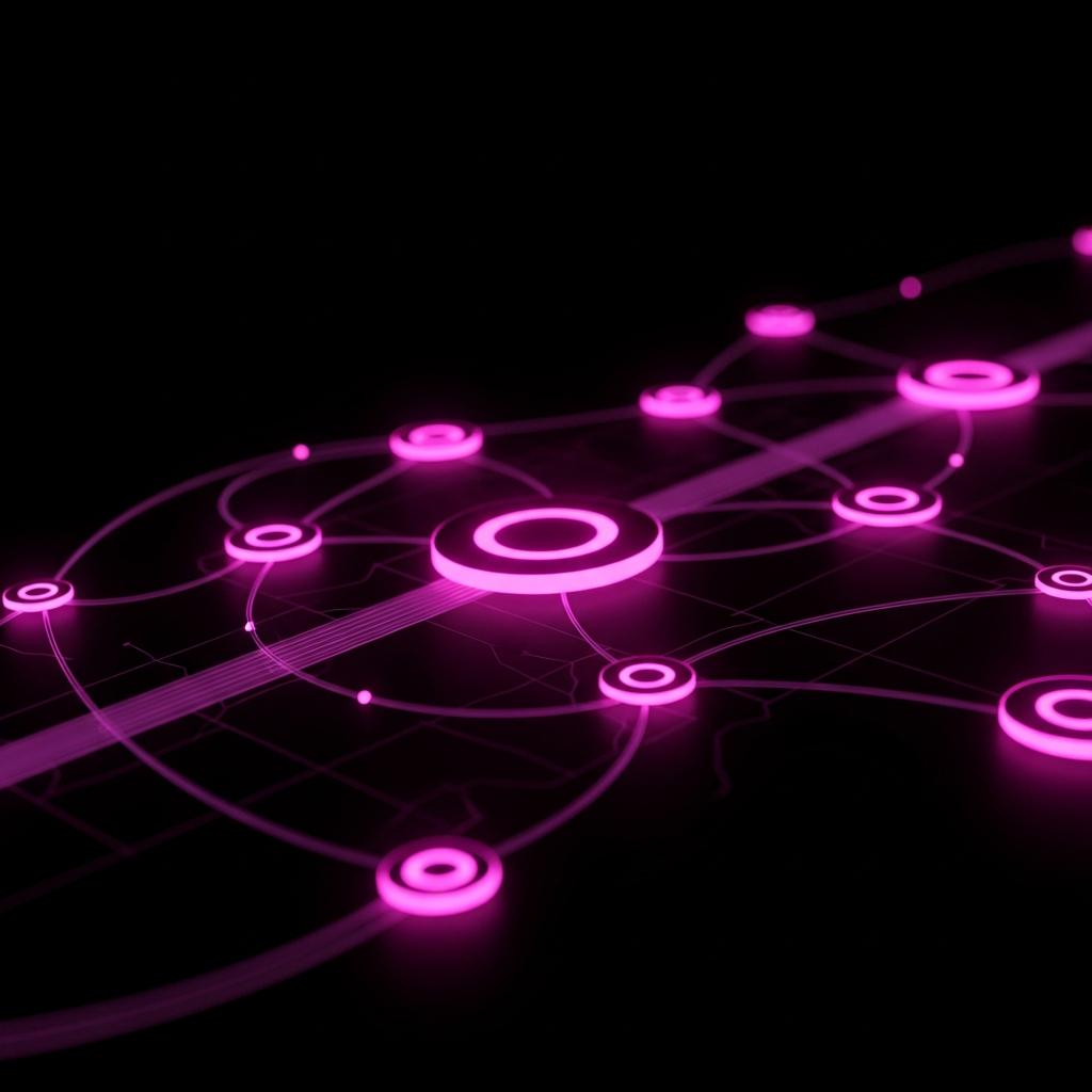 Rappresentazione concettuale astratta con flussi luminosi magenta su sfondo nero delle connessioni multi-magazzino e tracciamento inventario nativo di Shopify.