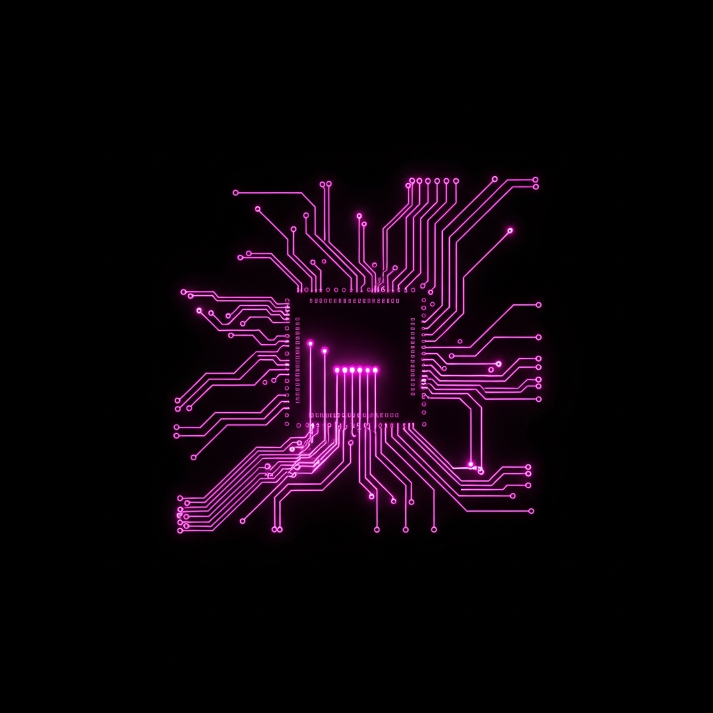 Rappresentazione astratta e minimalista di nodi di connessione tecnologici con accenti di luce magenta su sfondo nero assoluto per ottimizzare i bundle Shopify.