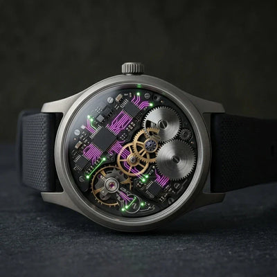 Fotografia macro di un orologio meccanico di precisione con circuiti integrati e flussi di dati neon magenta e verdi, metafora del motore digitale ingegnerizzato di IFG eCommerce, stile industrial minimalist su sfondo scuro.