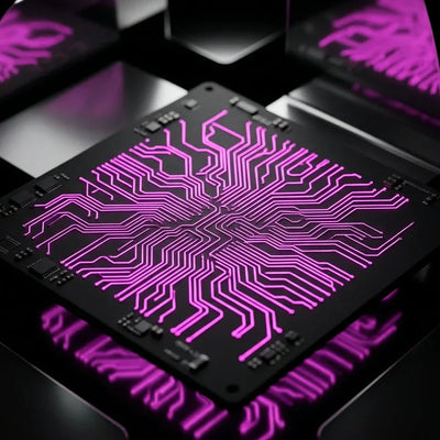 Circuito stampato nero opaco con piste elettroniche illuminate di rosa magenta neon, a simboleggiare l'ottimizzazione e il controllo dei costi per uno store Shopify in Italia.