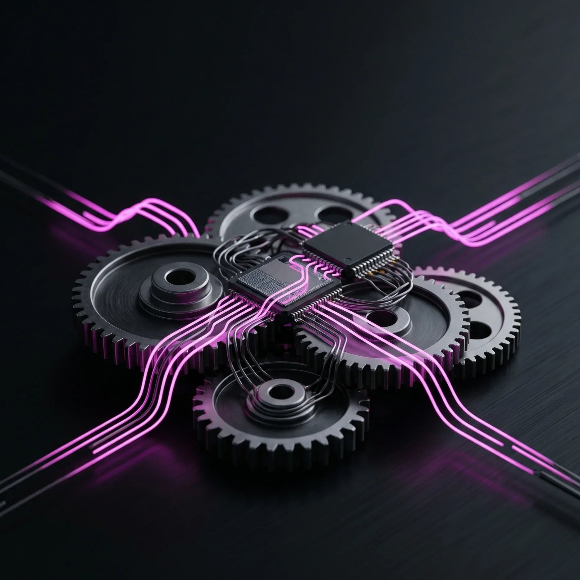 Rappresentazione astratta dell'ingegneria eCommerce IFG con dettagli magenta e circuiti ad alta precisione su sfondo nero.