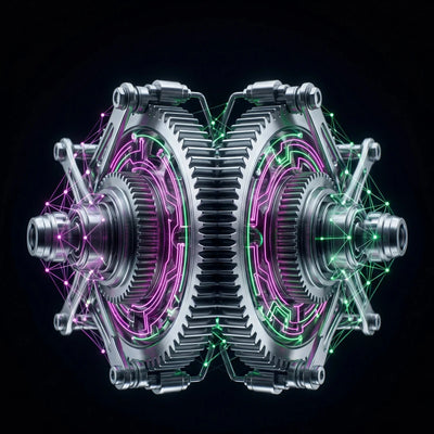 Unione di ingranaggi meccanici e circuiti digitali neon magenta e verde su sfondo nero, simbolo dell'ingegneria Shopify di IFG eCommerce.