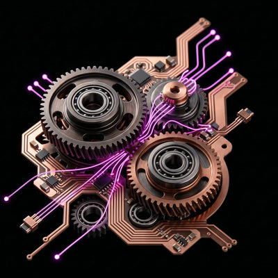 Rappresentazione astratta di ingegneria meccanica e circuiti digitali su sfondo nero con dettagli magenta, a simboleggiare l'ottimizzazione del codice per e-commerce.