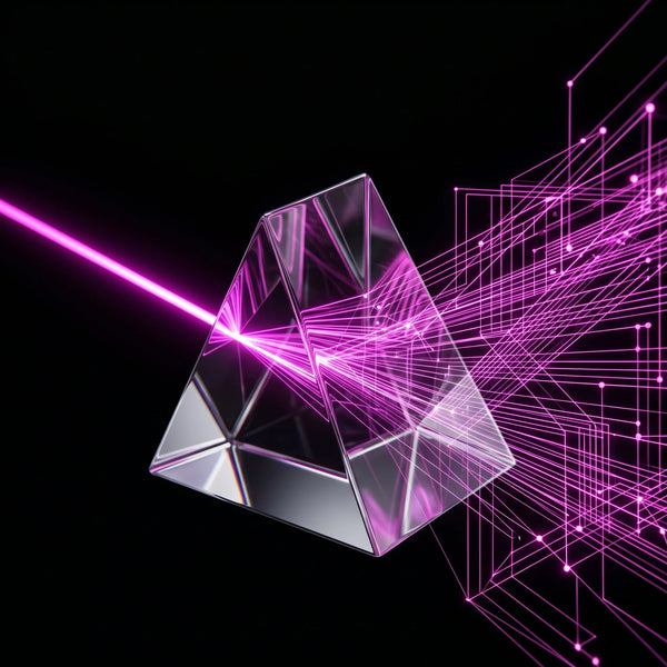 Rappresentazione geometrica astratta di flussi di dati e connessioni digitali ottimizzati su sfondo nero con accenti di luce rosa magenta.