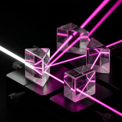 Rappresentazione astratta e minimalista di prismi ottici che scompongono la luce magenta, a simboleggiare l'ottimizzazione e le performance tecniche di uno store Shopify.⁠